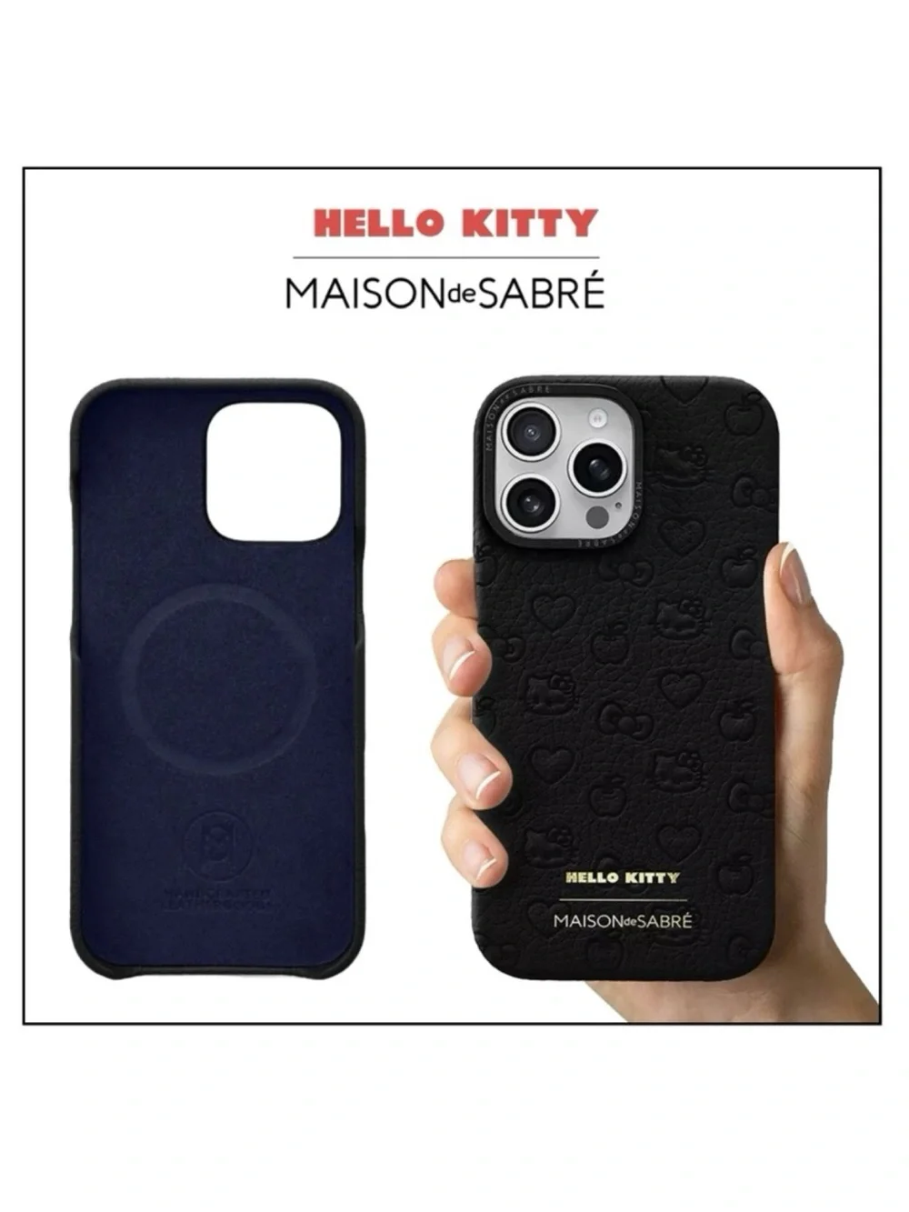 🆕 Maison de Sabré–Hello Kitty iPhone 16 Pro Case–Embossed Leather–Black Caviar